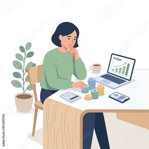 Thoughtful woman managing personal finances with calculator and laptop at home.