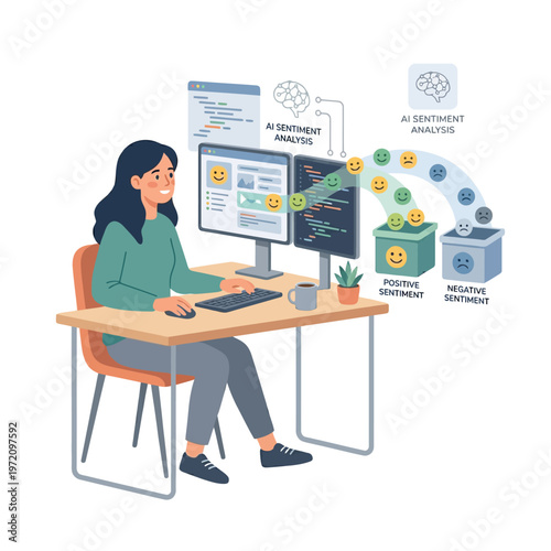 Woman analyzing sentiment data on computer for business insights.