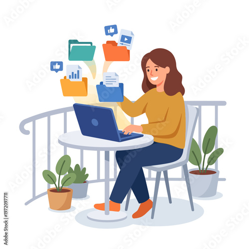 Woman managing digital files and data on laptop.