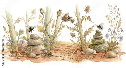 PNG cut out isolated background. Digital watercolor illustration of prehistoric forest floor with ammonite fossil ferns and ginkgo leaves