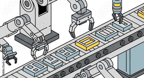 Automated factory assembly line with robotic arms and conveyor belt. Vector illustration of smart manufacturing process and industrial automation. Concept of Industry 4.0, robotics.
