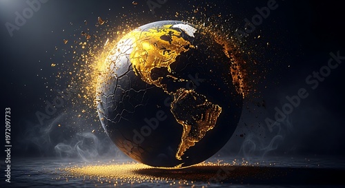 Exploding earth with glowing energy and particles