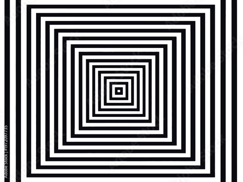 A black and white optical illusion of concentric squares creating a hypnotic spiral pattern