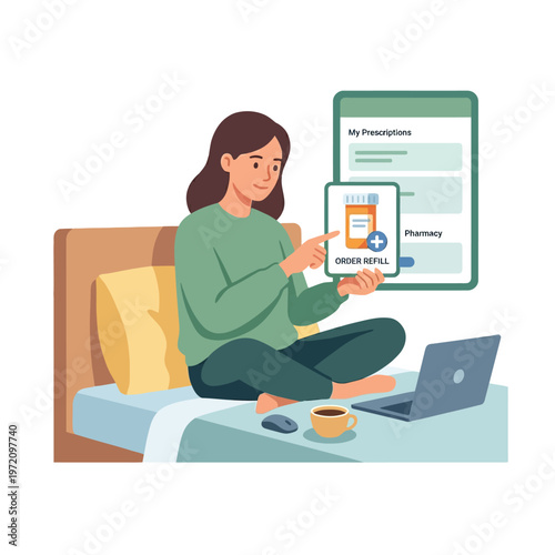 Woman ordering prescription refill online from home using a tablet.