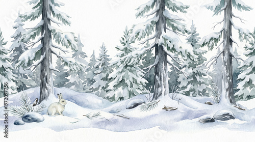 Digital watercolor illustration of winter forest border with snow covered pine trees and arctic hare