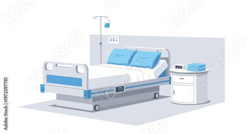 A modern clinical hospital room features an adjustable medical bed with soft blue pillows, an intravenous drip stand, and a white circular side cabinet.
