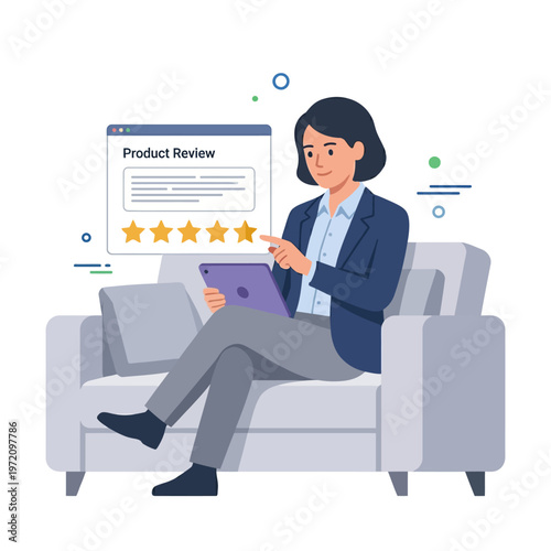 Woman reviewing product on tablet, providing feedback and rating.