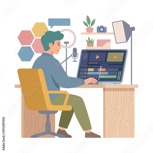 Young man editing video on laptop at desk.