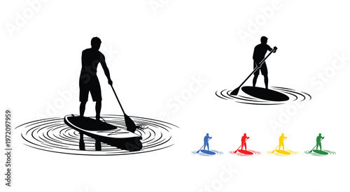 Minimalist Silhouette Stand Up Paddle Yoga Vector Illustration