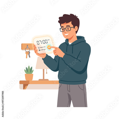 Young man in glasses and hoodie setting a digital alarm clock for 7 AM.