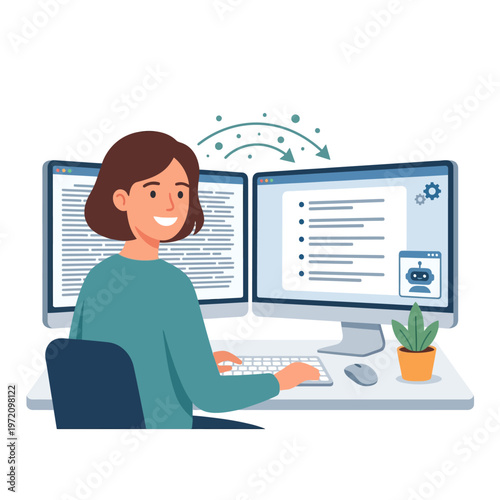 Young woman programming on computer with two monitors.