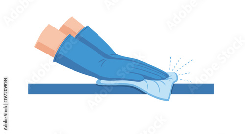 Hands wearing bright blue protective rubber gloves use a light blue cloth to meticulously wipe a horizontal dark blue surface with visible action.