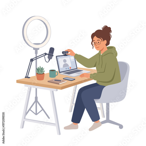 Young woman setting up webcam for online streaming or video call.
