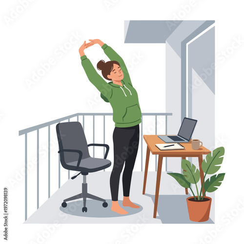 Young woman stretching on balcony during work break.