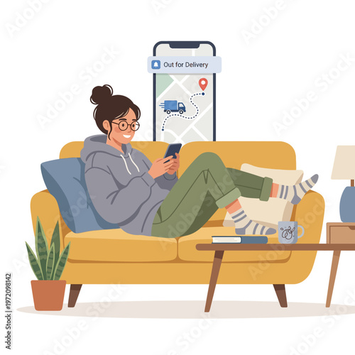 Young woman relaxing on sofa using smartphone for online delivery tracking.