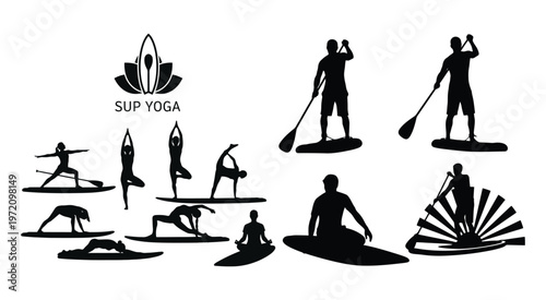 Stand Up Paddle Yoga Silhouette Collection Vector Set