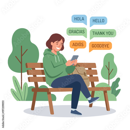 Young woman using a language translation app on her smartphone while sitting on a park bench.