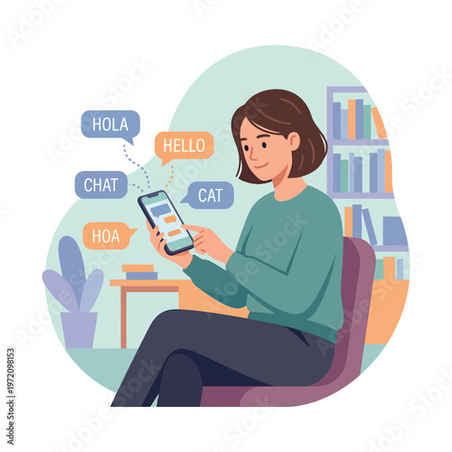 Young woman using a smartphone for language translation and communication.