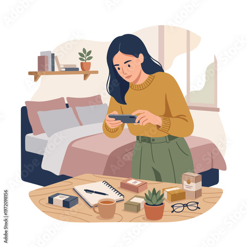 Young woman taking photo of products on table with smartphone.