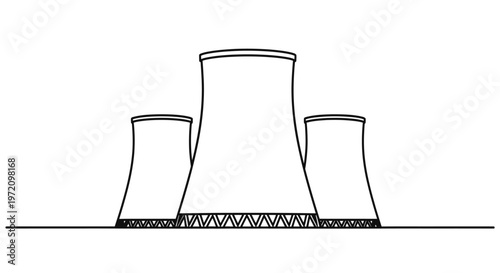 Minimalist line art illustration of nuclear power plant cooling towers. Industrial factory chimneys vector sketch. Concept of energy production, thermal power station, and heavy industry.