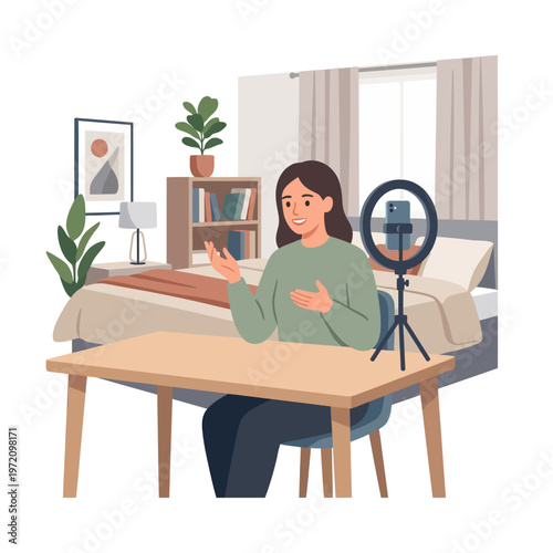 Young woman vlogging at home with a ring light and smartphone.