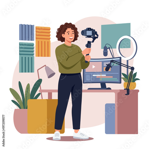 Young woman vlogger holding camera with gimbal.