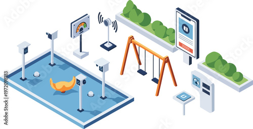 Smart City Infrastructure Isometric Illustration with IoT Surveillance, Information Kiosks, and Modern Public Park Elements for Urban Technology Concepts