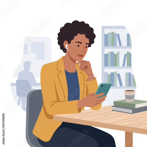 Young woman with wireless earbuds using smartphone at a desk.