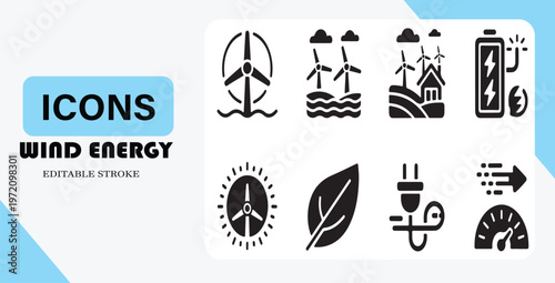 A collection of black icons related to wind energy