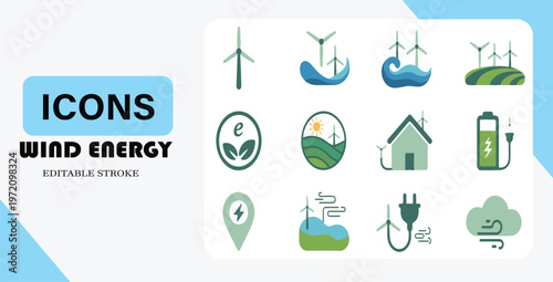 A collection of wind energy icons in green and blue on a white background