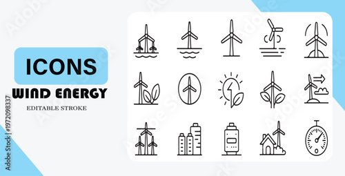 A collection of wind energy icons in editable stroke style