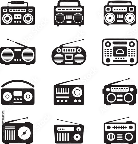 Vintage and classic portable radios across different designs and eras