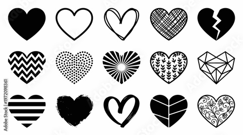 Heart icons collection showing solid outline striped dashed pixel arrow geometric decorative silhouette illustration love design concept