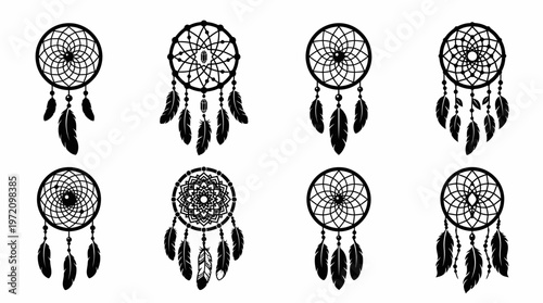 Dreamcatcher icons collection showing circular web feather variations silhouette illustration cultural protection design concept