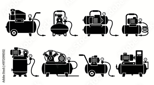 Air compressor silhouettes collection featuring portable, vertical, horizontal tank designs with motors, gauges, and handles for workshop and industrial use