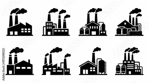 Industrial factory silhouettes collection featuring smokestacks, chimneys, cooling towers, and architectural designs for manufacturing, energy production, and heavy industry