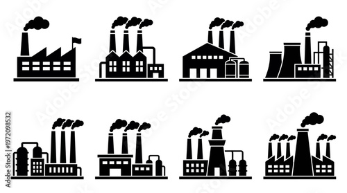 Industrial factory silhouettes collection featuring smokestacks, chimneys, cooling towers, and architectural designs for manufacturing, energy production, and heavy industry