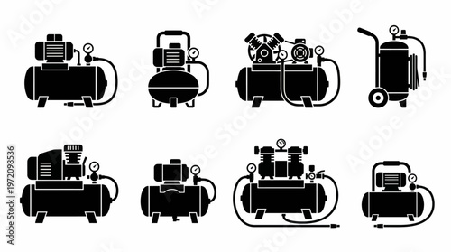 Air compressor silhouettes collection featuring portable, vertical, horizontal tank designs with motors, gauges, and handles for workshop and industrial use