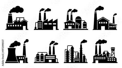 Industrial factory silhouettes collection featuring smokestacks, chimneys, cooling towers, and architectural designs for manufacturing, energy production, and heavy industry