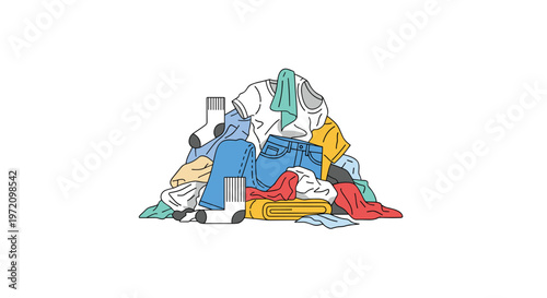 A disorganized heap of various laundry items like blue denim jeans and white shirts sits piled together on a plain and minimalist white background.