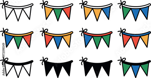 Colorful bunting flags in various designs and colors hanging banners
