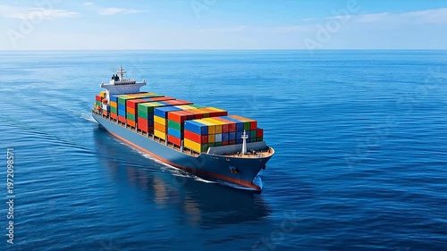 Large container ship sailing on calm blue ocean, fully loaded with colorful shipping containers — global trade, logistics, and maritime transport concept