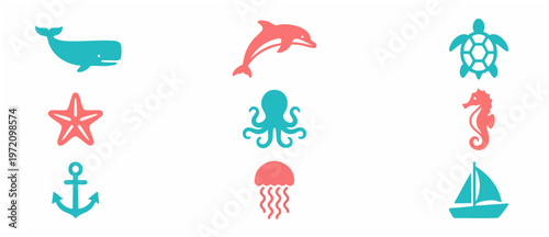 Sea Animals Icons Set: Whale, Dolphin, Turtle, Octopus, Starfish, Anchor, Jellyfish, Seahorse, Sailboat. Summer Aquatic Marine Life Flat Design in Teal and Salmon Pink Colors on White Background