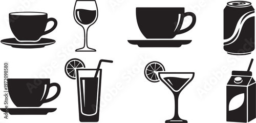 Set of various drink icons in black and white
