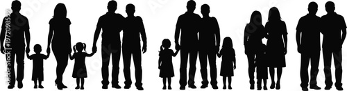 Family silhouettes set with parents and children holding hands isolated on white background for parenting, togetherness, love and social relationship concepts