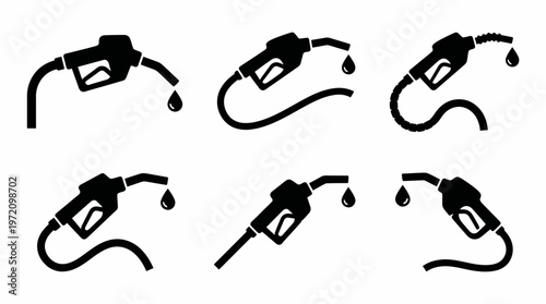   
Fuel pump nozzle icons collection showing silhouette variations with droplet energy dispensing gas station equipment illustration concept