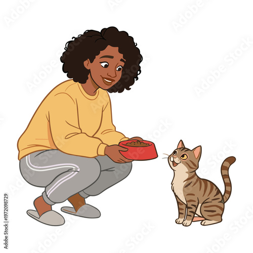 Woman feeds cat from red bowl indoors with affectionate gesture