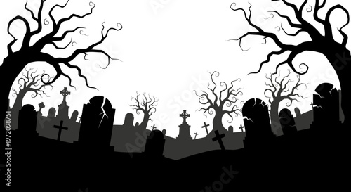 Spooky Halloween Cemetery Silhouette with Bare Trees and Gravestones