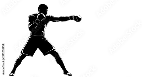 Silhouette of a boxer throwing a punch, dynamic pose, isolated on white background