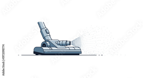 A powerful vacuum cleaner nozzle efficiently sucks up a concentrated cloud of fine grey dust particles from a flat surface against a white background.